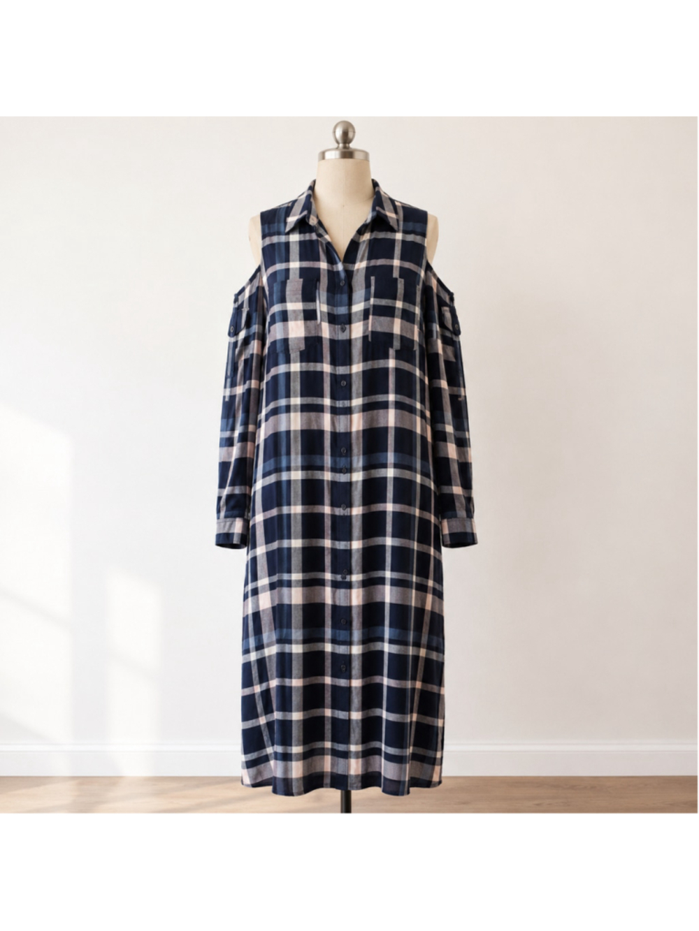 NWT Maison Jules Munich Plaid Cold Shoulder Midi Shirt Dress M
